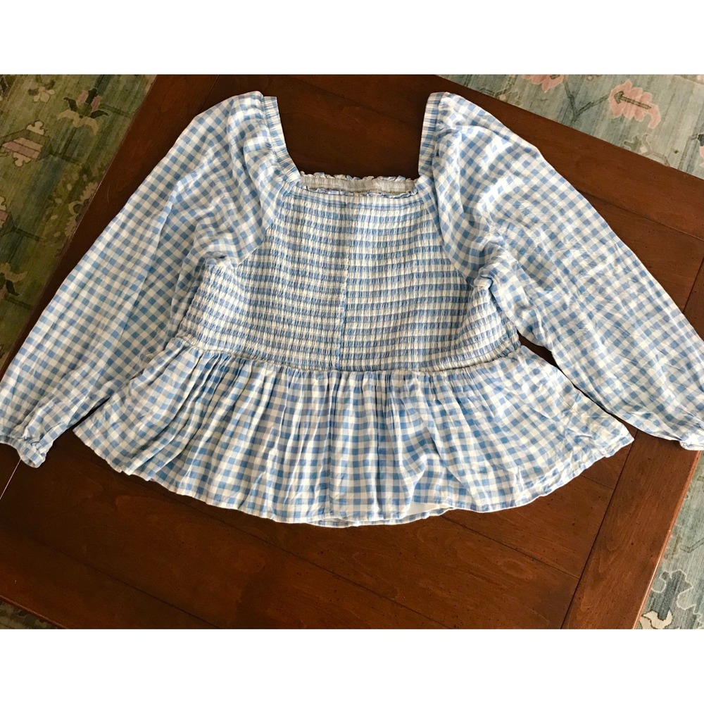 Torrid Blue White Gingham Smocked Peplum Square Neck Long Sleeve Top Plus Size 3 - Picture 4 of 7